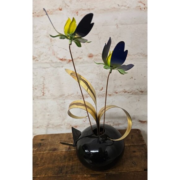 11" Vintage Marie Jaxon Originals Metal Flower Arrangement In Black Vase - Picture 8 of 11